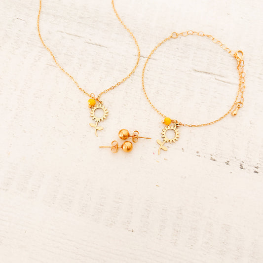 Set Cadena Flor Girasol + Pulsera Flor Girasol + topos