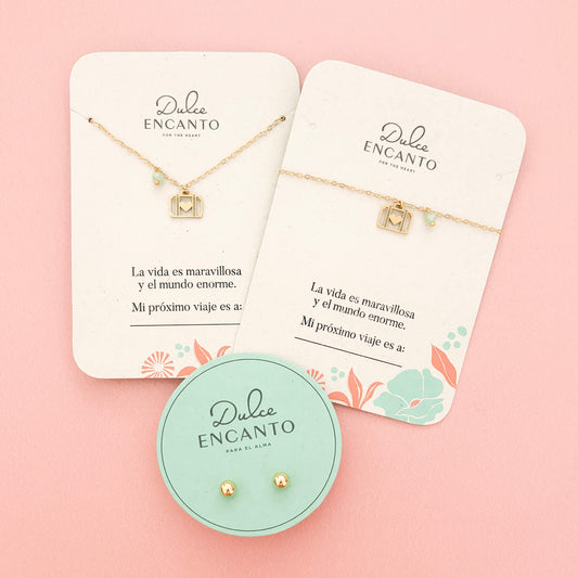 Set Cadena Maleta Corazón Viajero + Pulsera Maleta Corazón Viajero + Topos