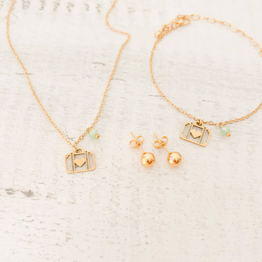 Set Cadena Maleta Corazón Viajero + Pulsera Maleta Corazón Viajero + Topos