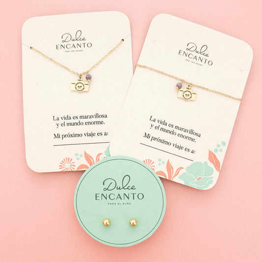 Set Cadena Cámara de Fotos Corazón + Pulsera Cámara de Fotos Corazón + Topos