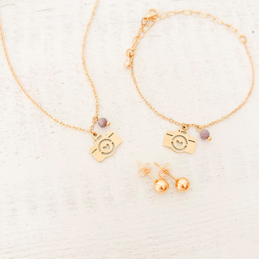 Set Cadena Cámara de Fotos Corazón + Pulsera Cámara de Fotos Corazón + Topos