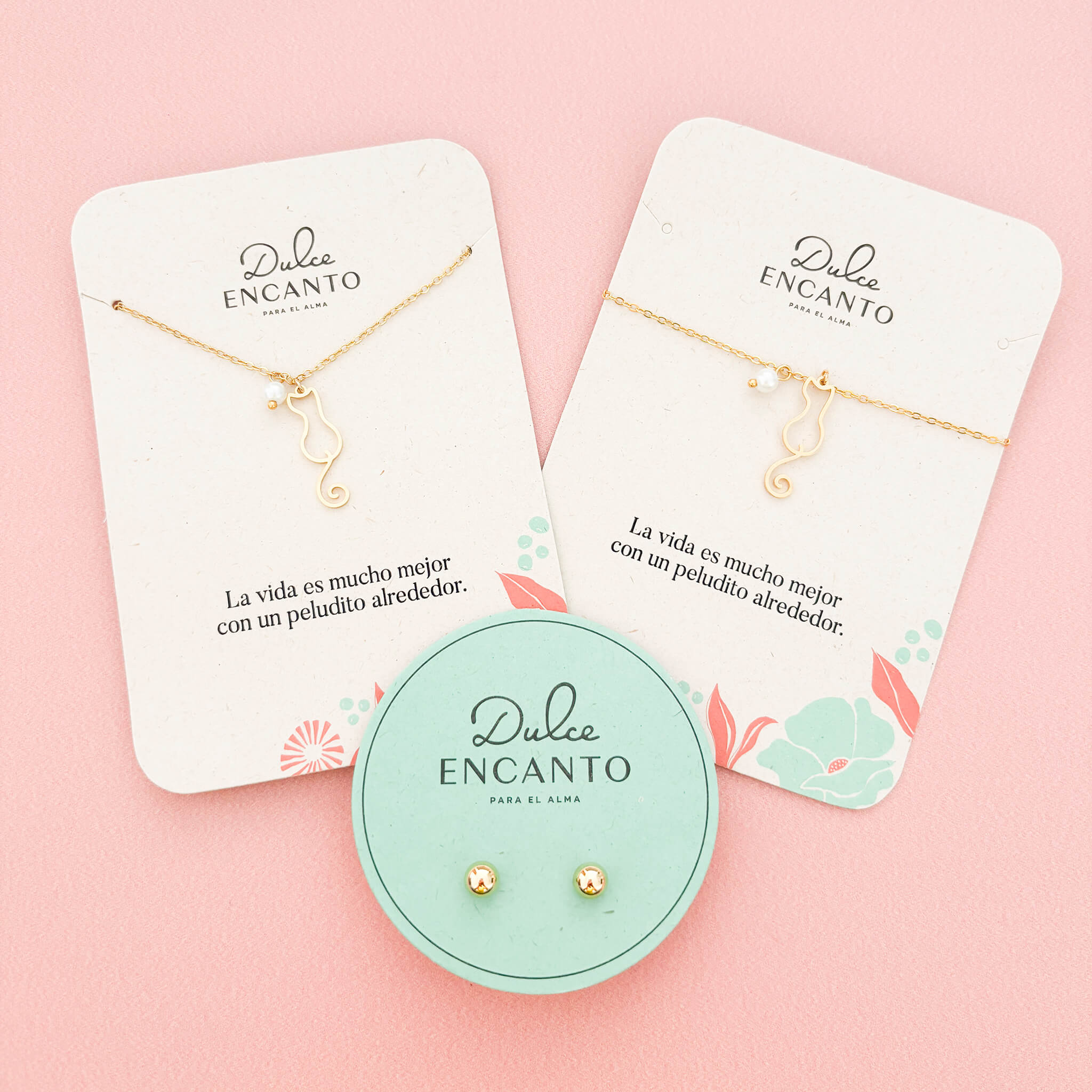 Set Cadena Gatico Perla + Pulseras Gatico Perla + Topos
