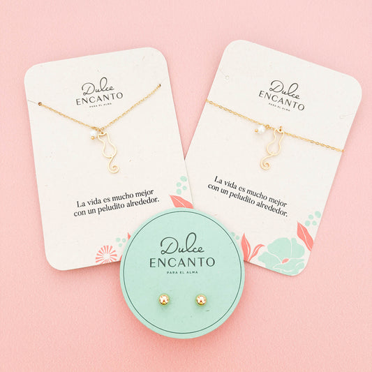 Set Cadena Gatico Perla + Pulseras Gatico Perla + Topos