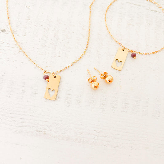 Set Cadena Placa Corazón Calado + Pulsera Placa Corazón Calado + Topos
