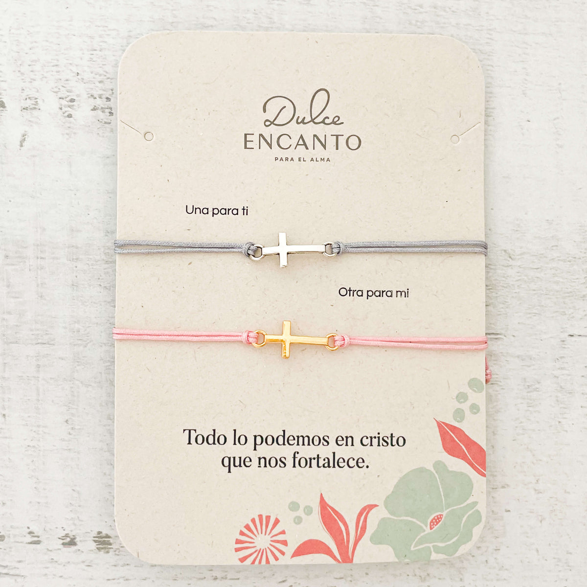 Pulsera Parejas Cruz Hilo Rosado Gris